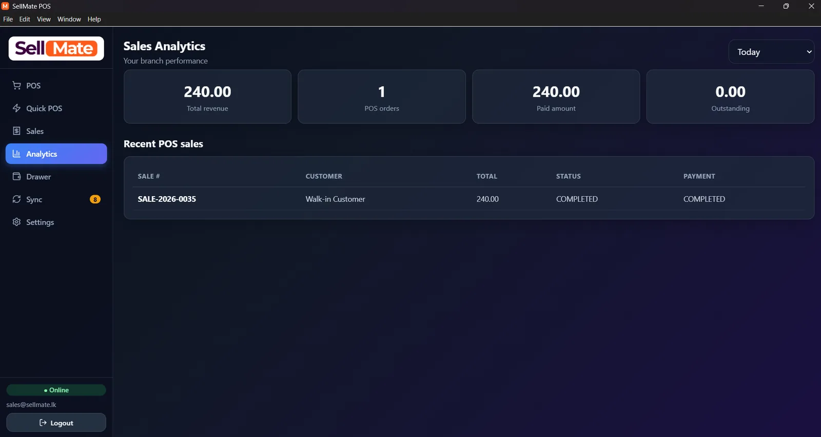 SellMate desktop POS sales analytics dashboard showing total revenue, POS orders, paid amount and outstanding for the branch