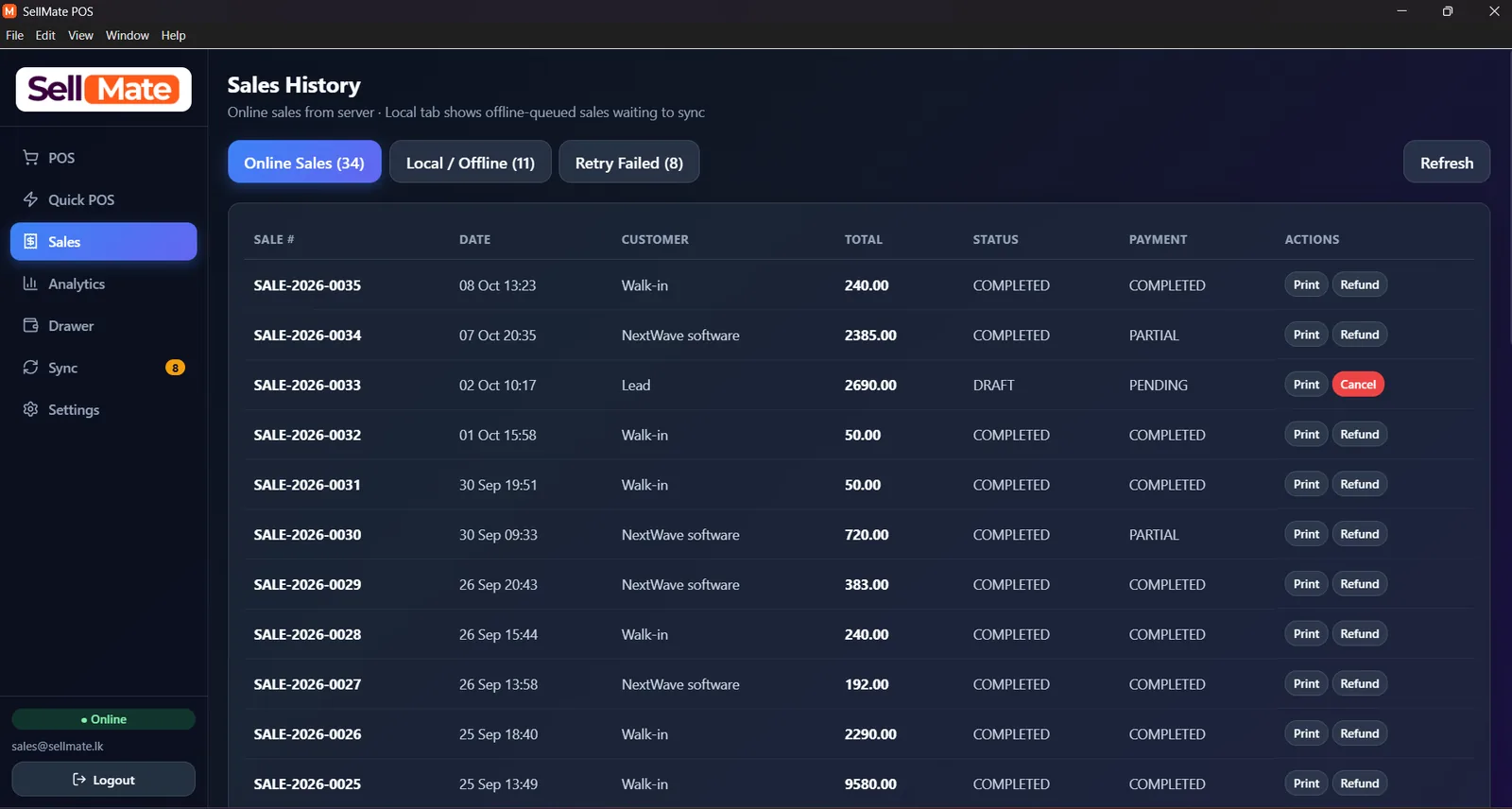 SellMate desktop POS sales history with online sales, local offline queue and retry failed tabs, print and refund actions