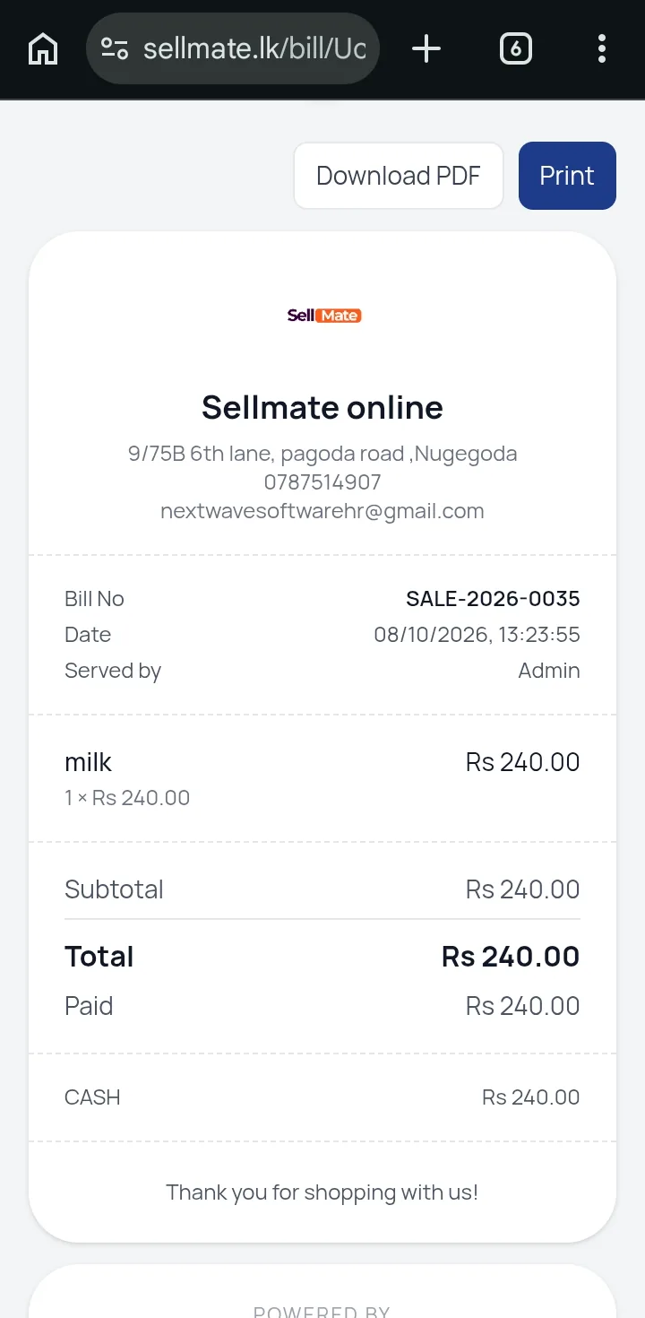 SellMate digital receipt opened on a phone browser with bill number, items, total, payment and download PDF button