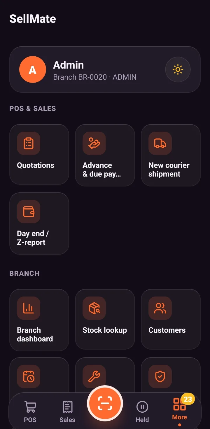 SellMate mobile POS app menu in dark mode