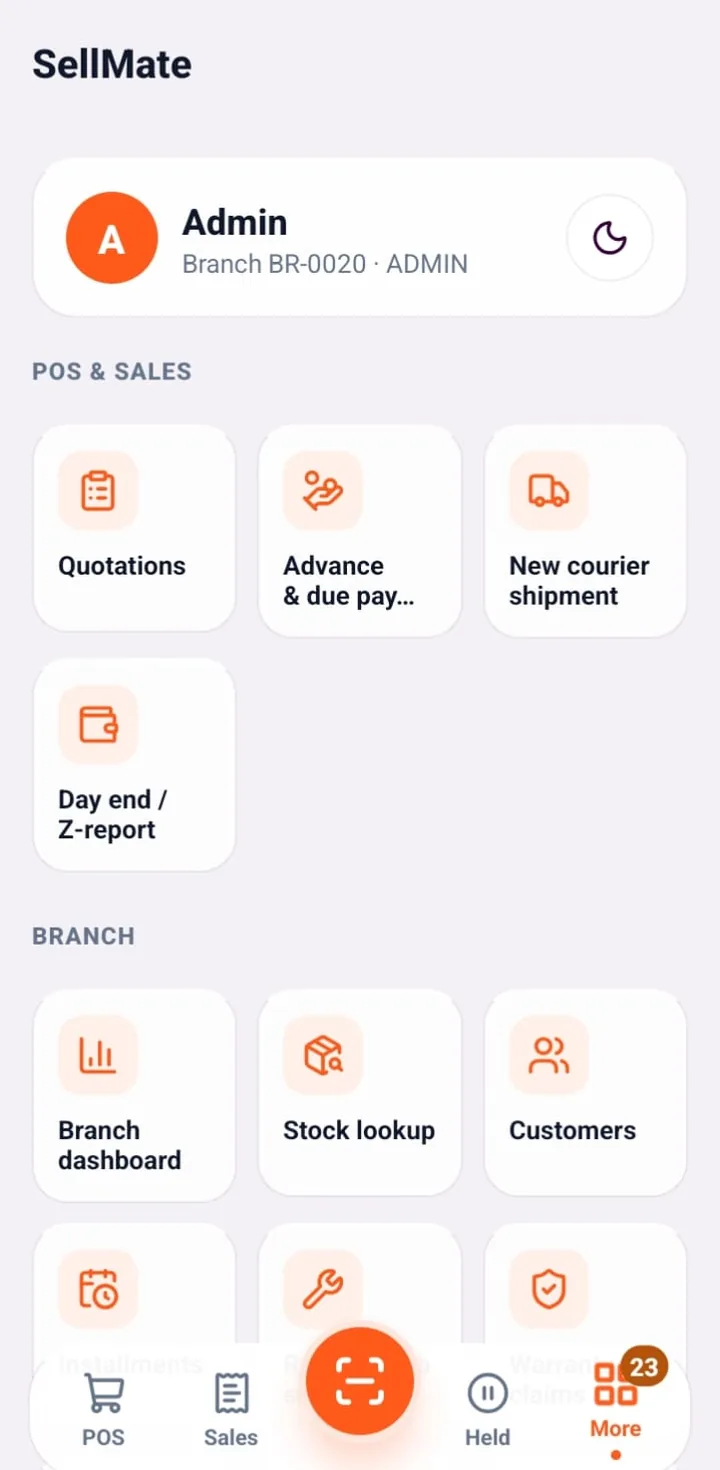 SellMate mobile app menu with quotations, courier shipment, day end Z-report, branch dashboard, stock lookup and customers
