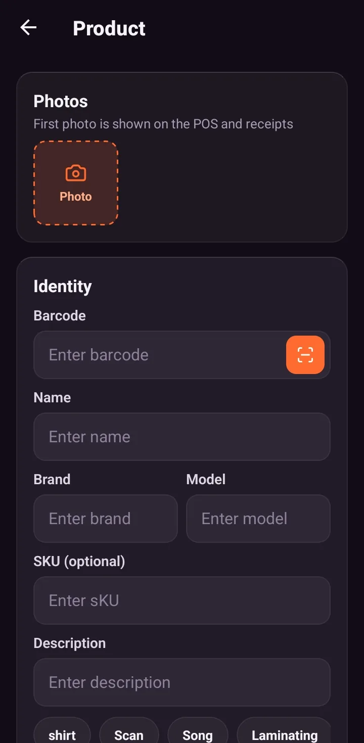 SellMate mobile app add product screen in dark mode with photo, barcode scanner, name, brand, model and SKU