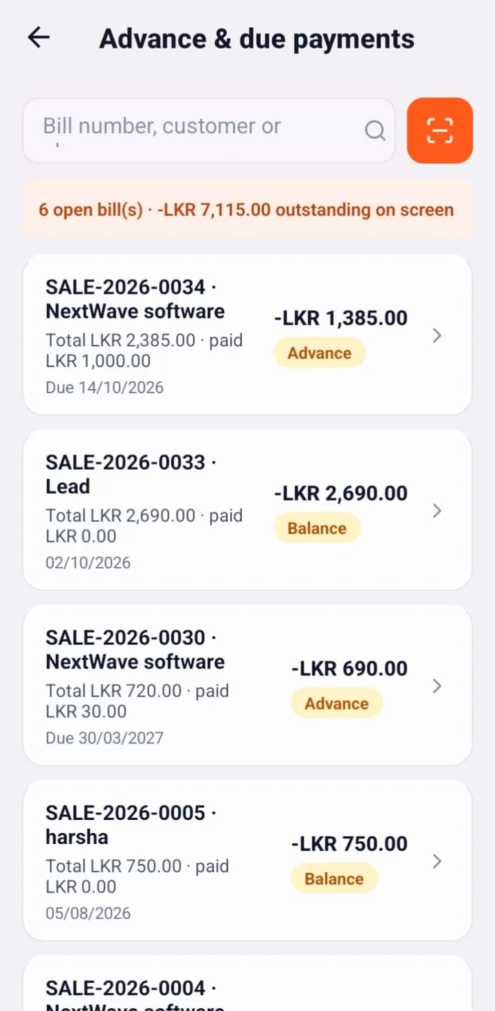 SellMate mobile POS advance and due payments list with outstanding balances and due dates