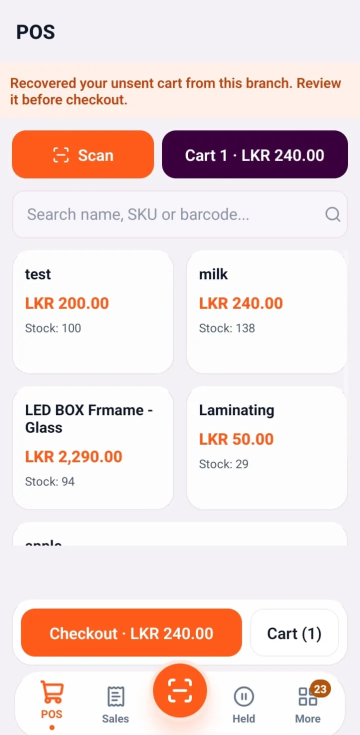 SellMate Android mobile POS screen with barcode scan button, product search, prices, stock levels and checkout