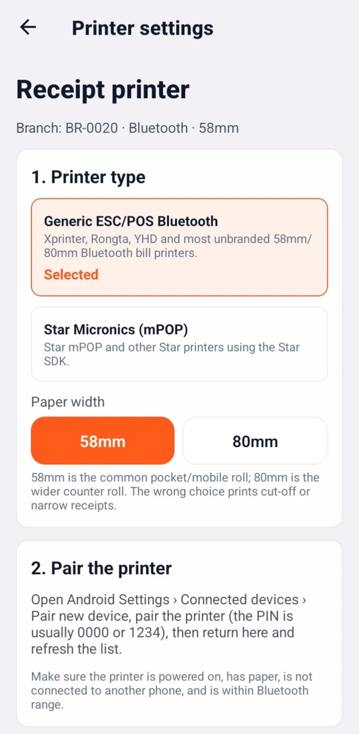 SellMate mobile POS printer settings for ESC/POS Bluetooth and Star Micronics receipt printers with 58mm and 80mm paper