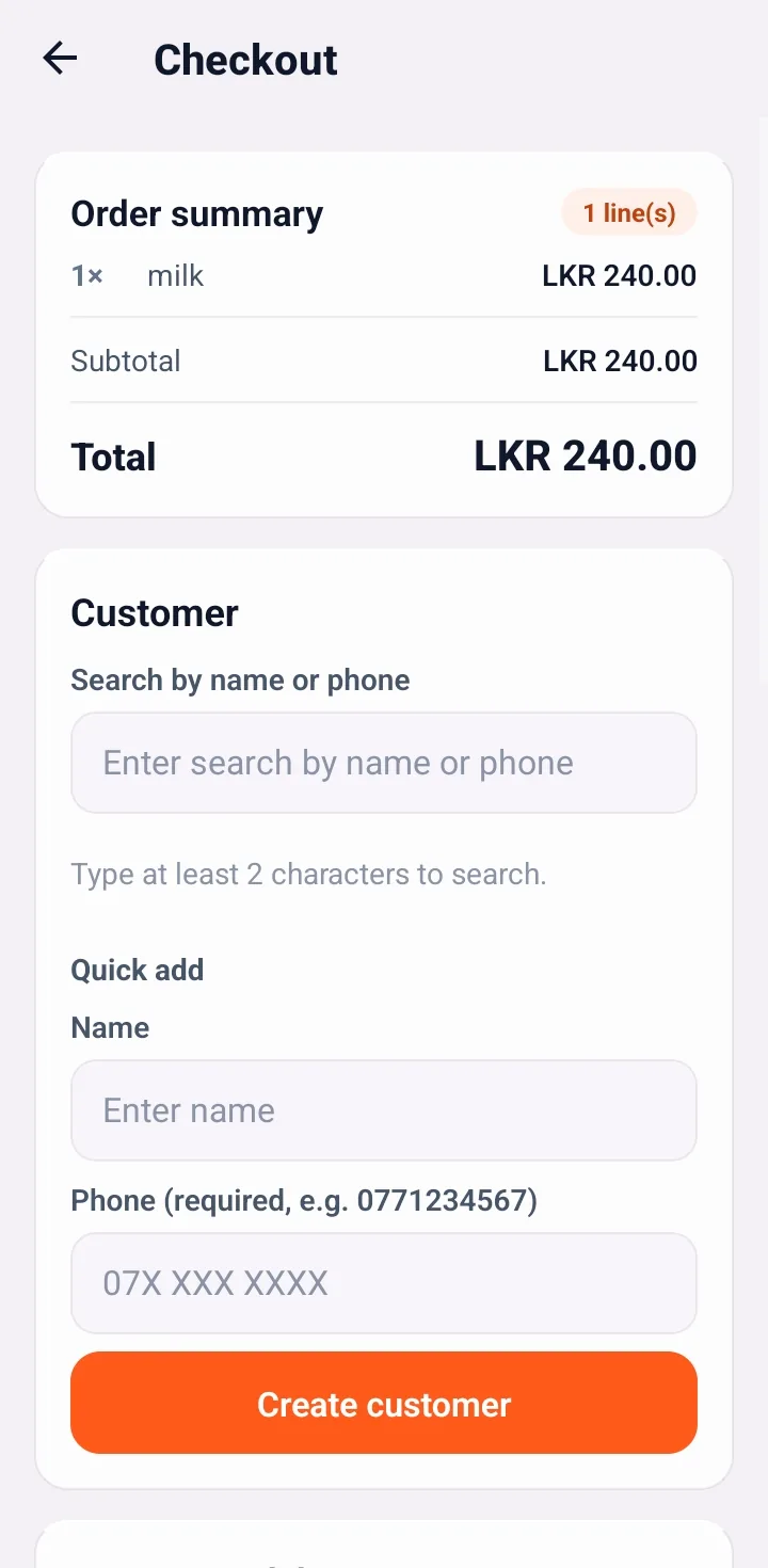 SellMate mobile POS checkout with order summary, customer search and quick add customer form