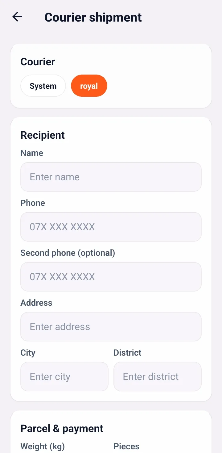SellMate mobile courier shipment form with courier selection, recipient details, address and parcel payment