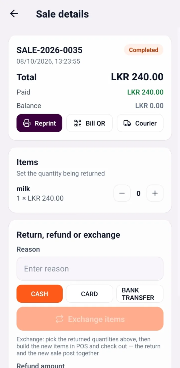 SellMate mobile POS sale details with reprint, bill QR, courier and return, refund or exchange options