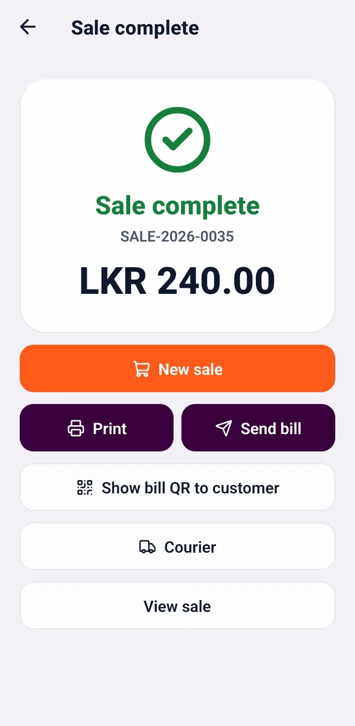 SellMate mobile POS sale complete screen with print, send bill, bill QR and courier buttons
