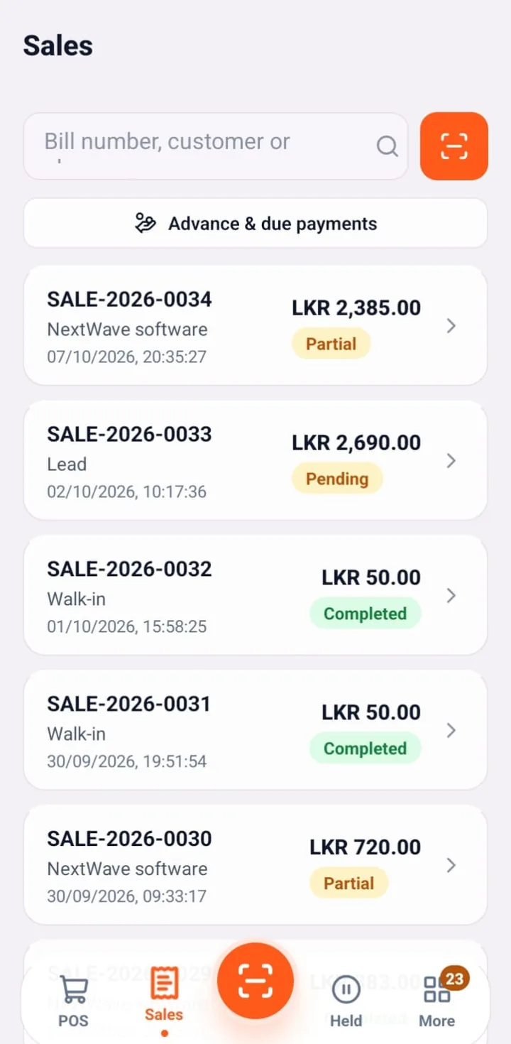SellMate mobile POS sales list with bill numbers, customers, totals and completed, partial and pending status