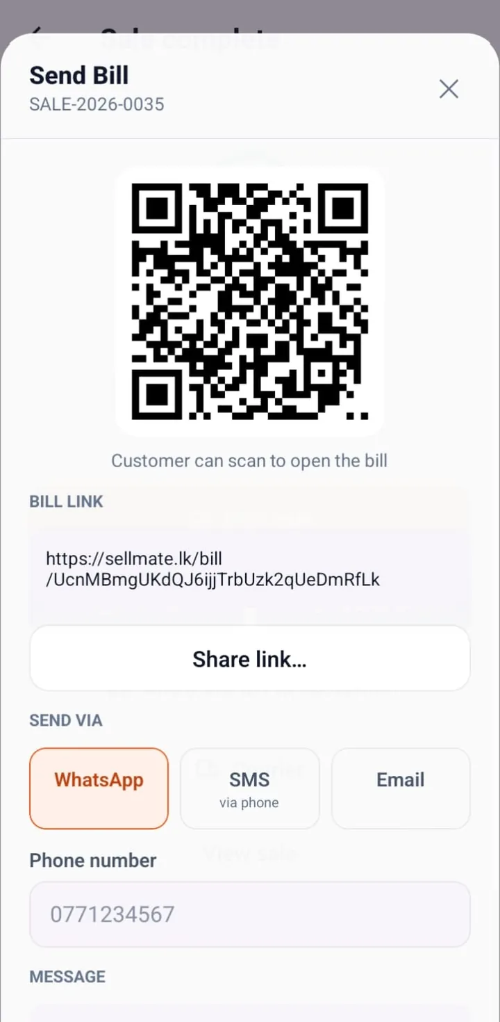 SellMate send bill screen with QR code, digital bill link and WhatsApp, SMS and email options