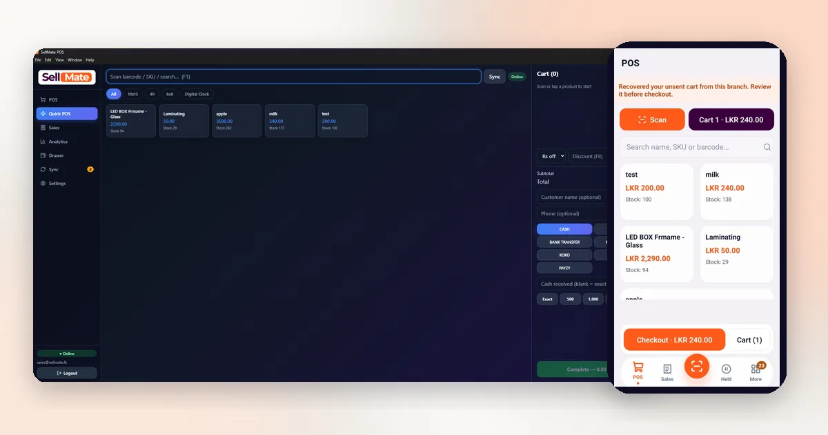 SellMate POS app on Windows desktop and Android phone